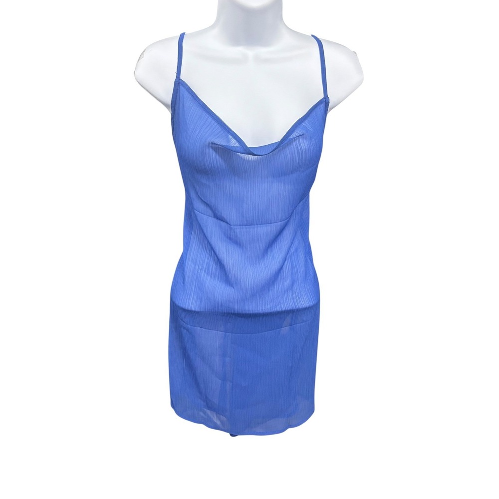 Toluca Gigi Mini Dress Women's‎ M Hydra Blue Sheer Cowl Neck Backless Cover Up